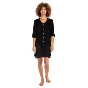 Black Button Down Roll-Up Cover-Up Beach Shirt